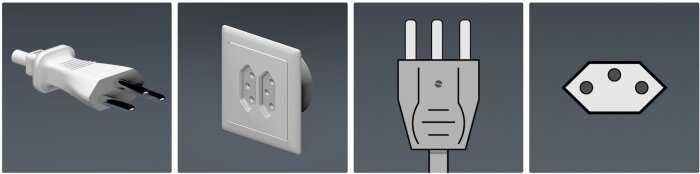 Bilden visar olika eluttag och stickproppar: en europlug (typ C), ett vägguttag (typ N) och design för stickpropp och uttag (typ J).