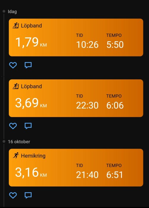 Bild som visar tre löpförsök med avstånd, tid och tempo: 1,79 km på 10:26, 3,69 km på 22:30, och 3,16 km på 21:40.