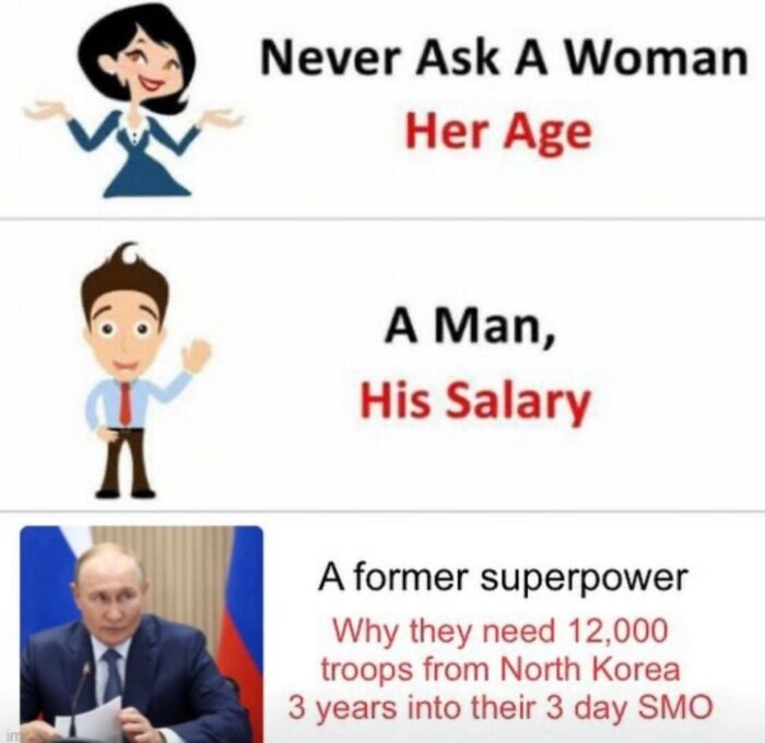 En mem med tre bilder: en kvinna med texten "Never ask a woman her age", en man med "A man, his salary", och en tredje med text om en tidigare supermakt.