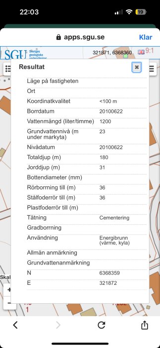 Skärmbild av en karta från SGU:s app som visar information om en energibrunn, inklusive borrdatum, vattenmängd, jorddjup och koordinater.