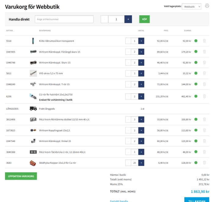 Varukorgsbild från webbutik med artiklar för rörarbete, inklusive priser och kvantiteter, totalpris 1863,90 kr med moms.