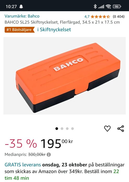 Orange Bahco verktygslåda med vit logotyp på locket, del av skiftnyckelset SL25, visas med ett erbjudandepris på en onlineplattform.