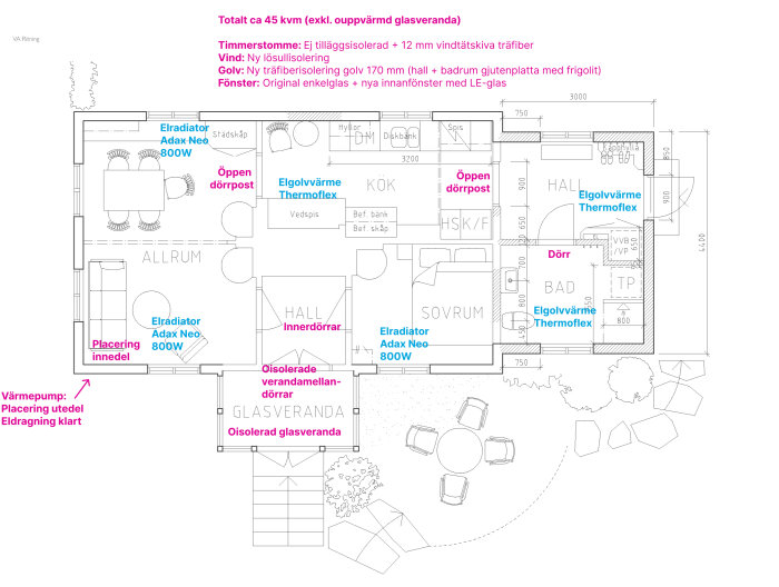 Planritning av renoverad stuga i sydvästra Småland, visar rumplacering och värmeinstallation, inklusive luft-luftvärmepump.