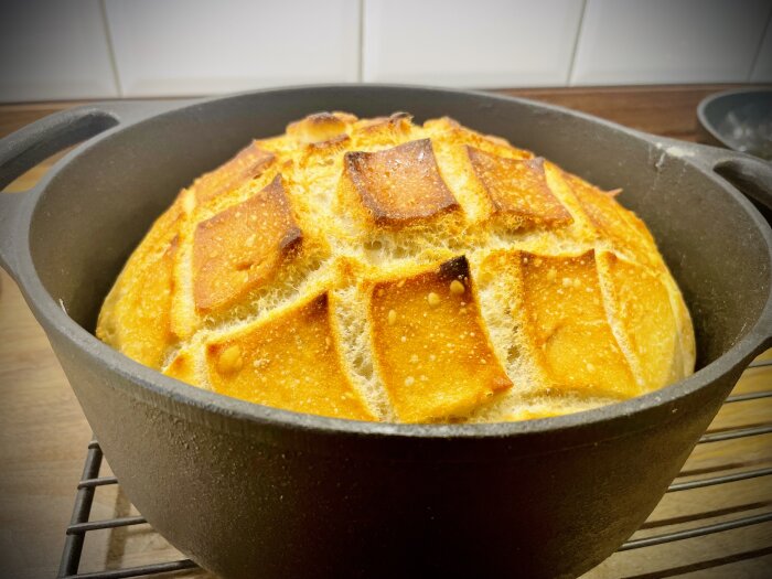Nygräddat bröd med gyllenbrun skorpa i en gjutjärnsgryta på ett galler i ett kök.