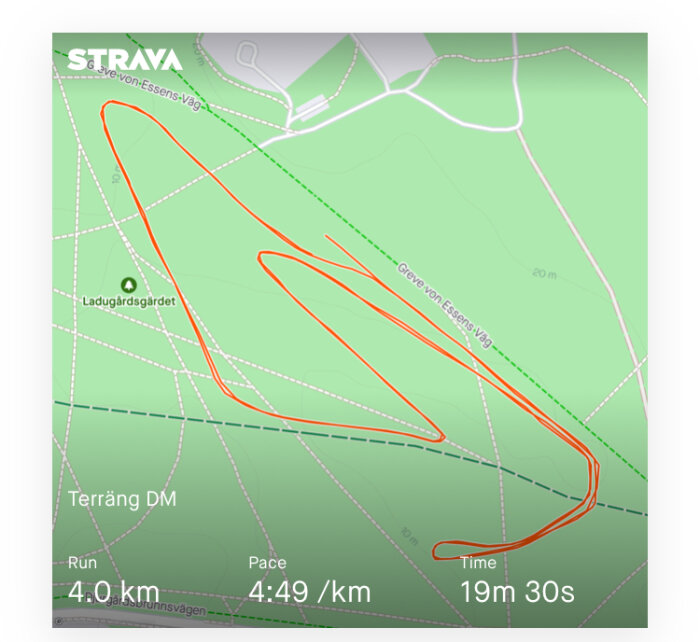 Karta över löprunda i Hagaparken på Strava, 4 km med tempot 4:49 min/km. Markerad rutt i terräng står ut mot grön bakgrund. Tid 19 min 30 s.