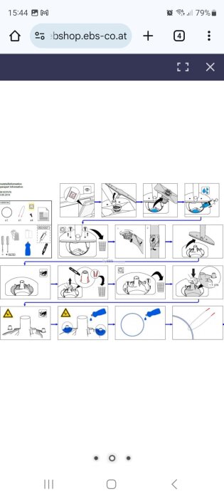 Instruktionsdiagram för reparation av diskmaskin, steg för steg med verktyg och monteringsdetaljer, inklusive varning för vassa delar.