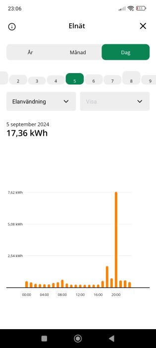 Diagram som visar elförbrukning den 5 september 2024 med en kraftig topp på 17,36 kWh kl 19:00.