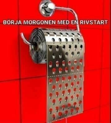 En rulle sandpapper på en röd kakelvägg, med texten "Börja morgonen med en rivstart" ovanför.
