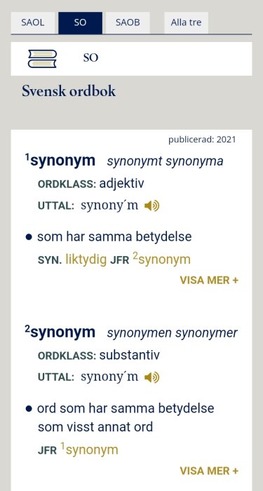 Bilden visar ett uppslag från Svensk Ordbok med definitioner av ordet 'synonym' som adjektiv och substantiv.