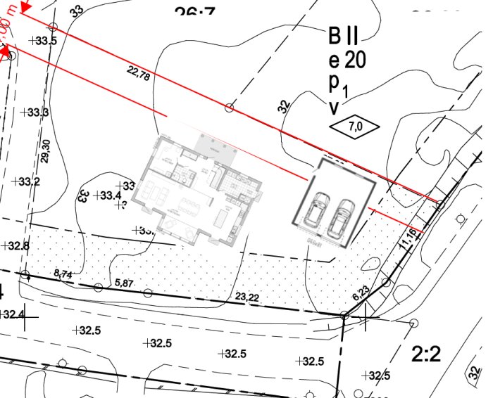 Byggplan som visar hus och garage, placerade i två olika riktningar på en tomt med gatans infart och grannfastigheter markerade.