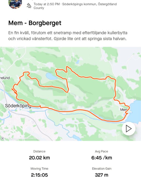 Karta över en löprunda vid Mem och Borgberget, Söderköping, 20,02 km, genomsnittlig hastighet 6:45/km, 327 m höjdstigning.