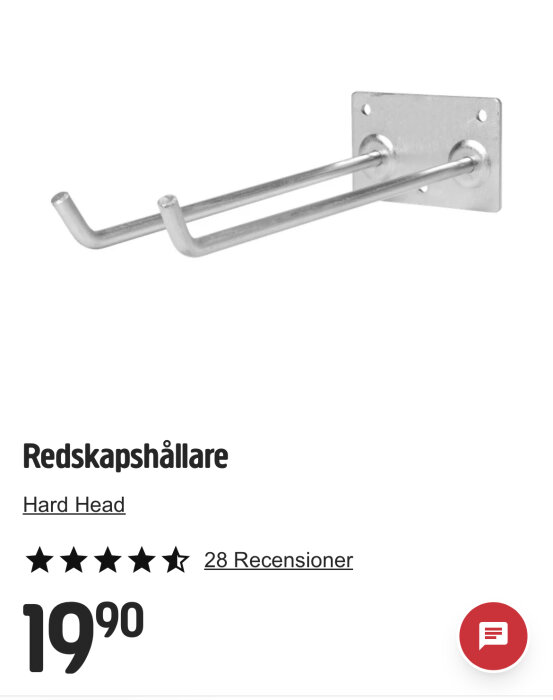 Röd verktygshållare med två metallkrokar från Hard Head, pris 19,90, med fyra stjärnors omdöme av 28 recensioner.