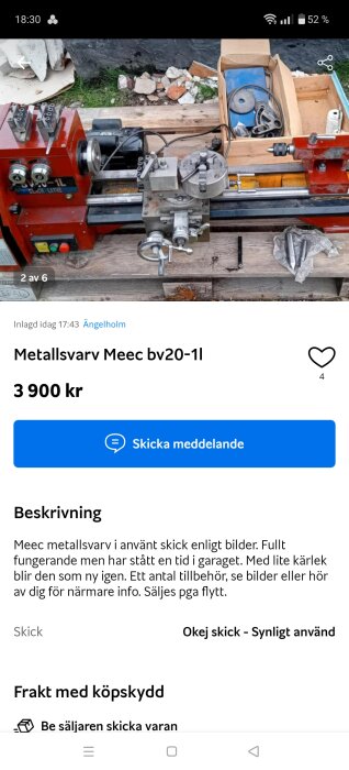 Metallsvarv Meec bv20-1l till salu, använd men funktionell, med tillbehör i kartong bredvid. Finns i Ängelholm, säljs av flyttskäl. Pris: 3 900 kr.