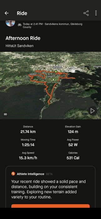 Skärmbild av en cykelrunda på en karta i Sandviken med detaljer om distans, höjd, tid, medelhastighet och kaloriförbrukning.