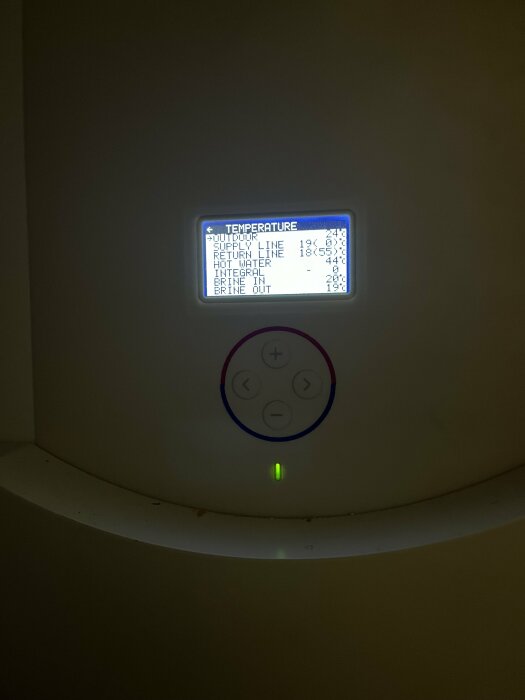 Display on heating unit showing various temperature readings for diagnostic purpose.