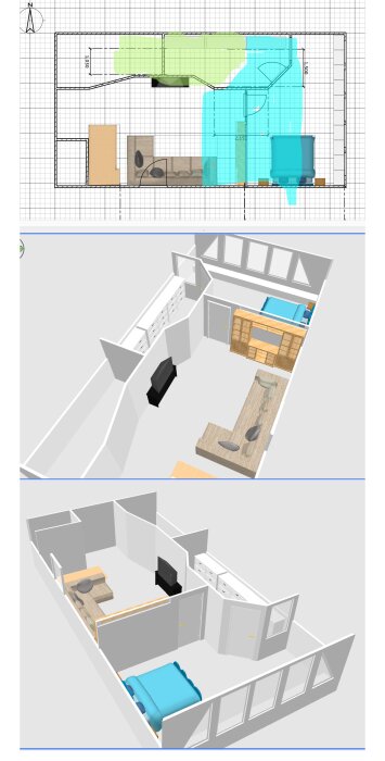 3D-planlösning och skiss av rumsindelning i ett 70-talshus med markerade områden för tv-rum, sovrum och walk-in-closet.