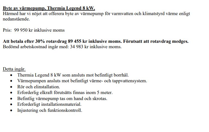 Offert för byte av värmepump, Thermia Legend 8 kW, med specificerat pris, rotavdrag och inkluderade tjänster som installation och skrotning av befintlig pump.