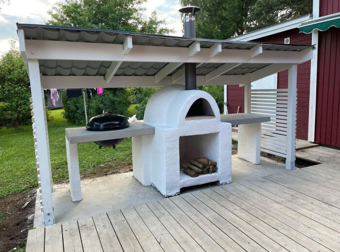 Uteugn med vit puts och skorsten under skyddande tak, ved staplad i eldfast utrymme, placerad på en träaltan i en trädgård.
