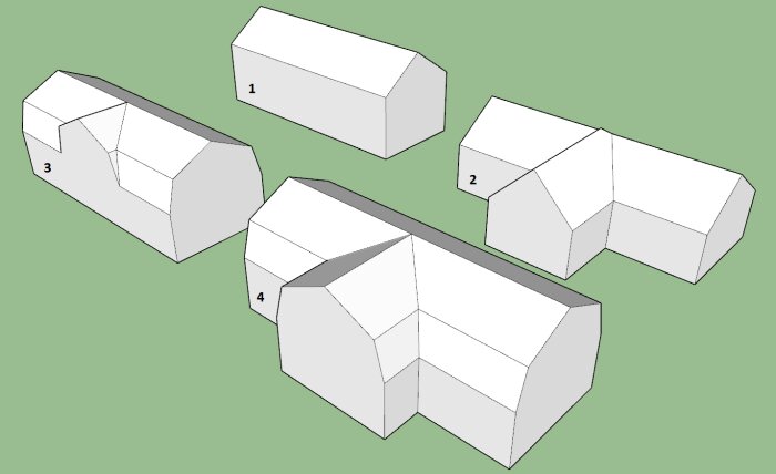 Fyra byggförslag visas: taklyft, tillbyggnad utan större förändringar, valmat tak för ökat vindsutrymme och tillbyggnad med takbyte.