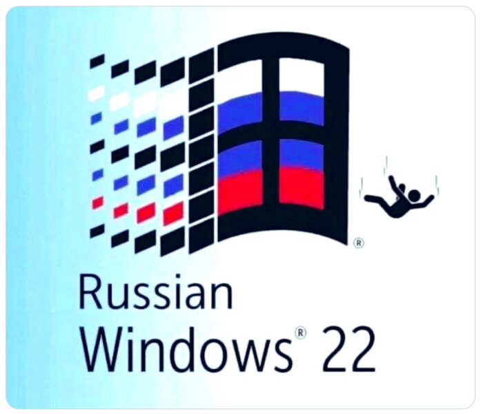 Parodi på Windows-logotyp med ryska flaggfärger och texten "Russian Windows 22", samt siluett av en fallande person.