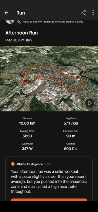 Karta över löpning i Borlänge med 10 km distans, 51:50 tid och 590 kalorier brända, nytt årsbästa på milen.