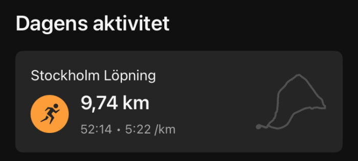 Dagens aktivitet visar en löpsträcka på 9,74 km i Stockholm med en tid på 52:14 och tempo 5:22 per km, samt en karta över löprundan.