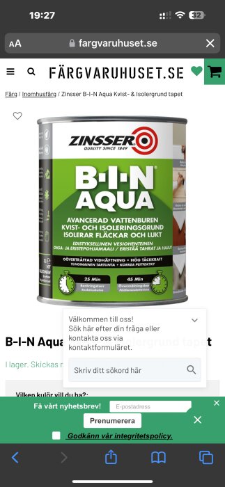 Bild på en burk Zinsser B-I-N Aqua, en avancerad vattenburen kvist- och isoleringsgrund för att isolera fläckar och lukt.