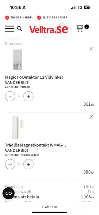 Skärmbild från Velltra.se visar en trådlös magnetkontakt WMAG-I från VANDERBILT i en kundvagn.