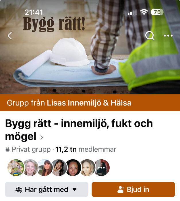 Byggplan, vit hjälm och person i reflexväst vid byggarbetsplats. Text: "Bygg rätt!" och information om Facebook-gruppen "Bygg rätt - innemiljö, fukt och mögel".