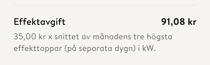 Effektavgift på 91,08 kr visas, beräknad som 35,00 kr gånger medelvärdet av tre högsta effekttoppar under månaden i kW.