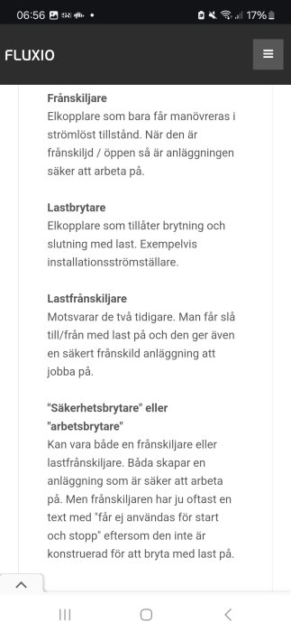 Skärmdump från fluxio.se som beskriver typer av elkopplare, inklusive frånskiljare, lastbrytare, lastfrånskiljare och säkerhetsbrytare.