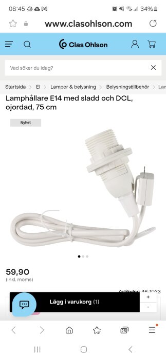 Lamphållare E14 med ojordad sladd och DCL-kontakt, 75 cm lång, från Clas Ohlson.