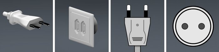 Bild som visar eurostickpropp typ C, vägguttag och illustrationer av deras konstruktion. Stickproppen är klassad för 2.5 A med tunna, böjliga ben.