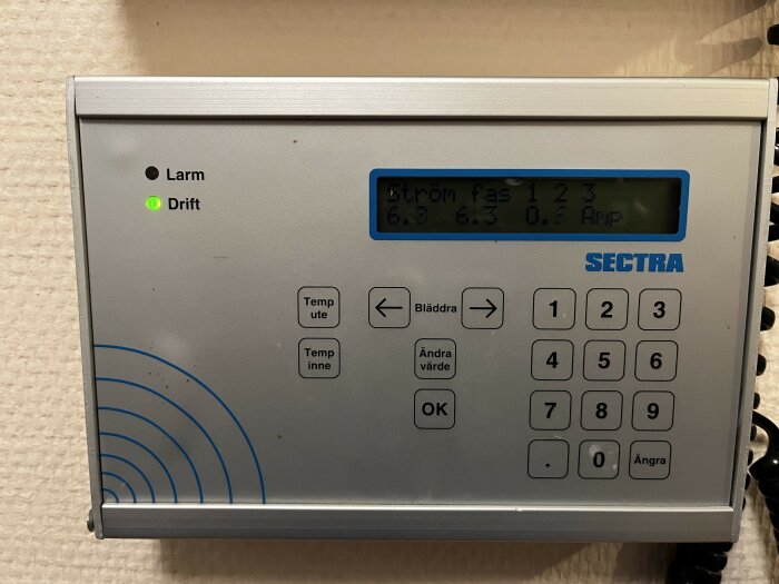 Manöverpanel från SECTRA för Bacho Minivent ACJ, visar strömmätning med höga ampere på fas 2. Indikator för drift lyser grönt.