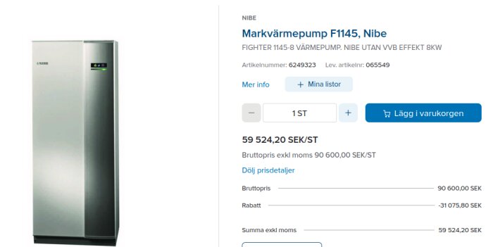 Nibe markvärmepump F1145, 8 kW, artikelnummer 6249323 visas med ett pris på 59,524.20 SEK/st.