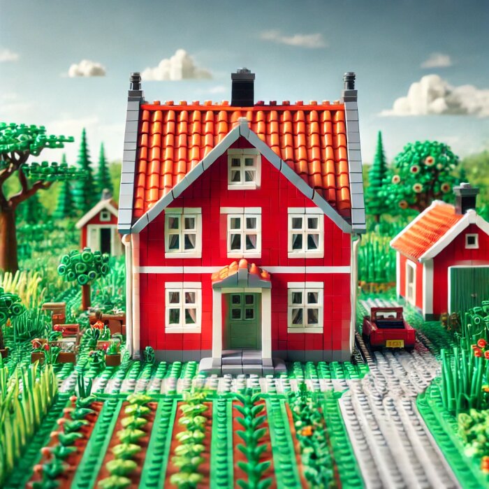 LEGO-modell av ett charmigt rött svenskt hus med vita fönsterkarmar, omgiven av grönskande trädgård och grusväg, i miniatyrlandskap.