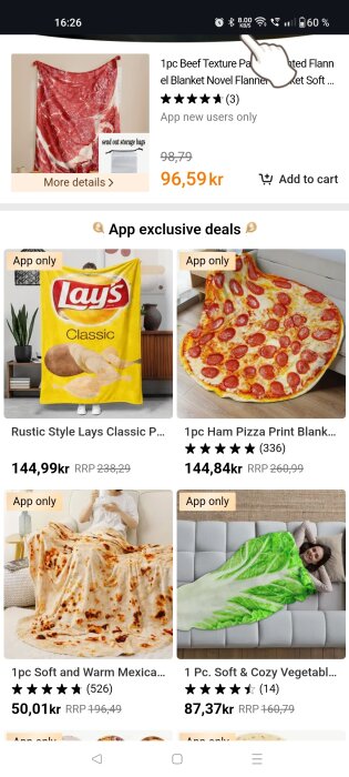 Sängöverkast som ser ut som en biff, en chipspåse, en pizza och sallad visas som exklusiva erbjudanden i en shoppingapp.