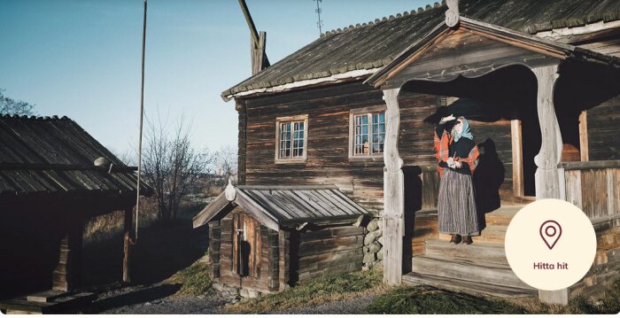 Traditionell trähusfasad från 1600-talet med två personer i tidstypiska kläder vid entrén, kan likna en skånelänga eller Härjedalsbondgård.