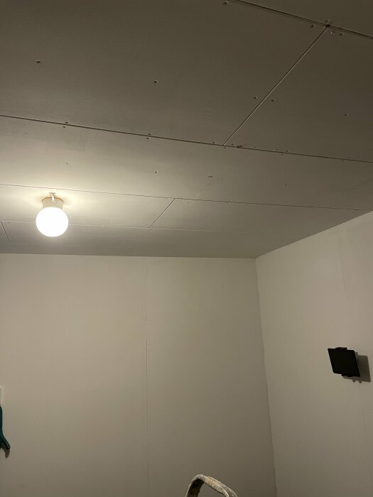 Tak i garage av gipsskivor med synliga stålreglar. En lampa hänger i taket, relaterat till uppsättning av trapetskrok för barnens "ringar".