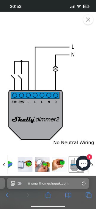 Kopplingsschema för Shelly dimmer 2, visar anslutningar för SW1, SW2, L, N, och O, med texten "No Neutral Wiring".