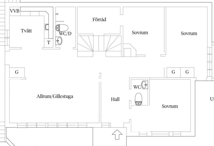 Planskiss över bostad som visar allrum/gillestuga, tre sovrum, hall, tvättstuga och två WC. Inlägget diskuterar ändringar av sovrum och fönster.