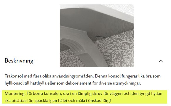 Träkonsol monterad på en mönstrad vägg, lämplig för användning som hyllkonsol eller dekorativt element.