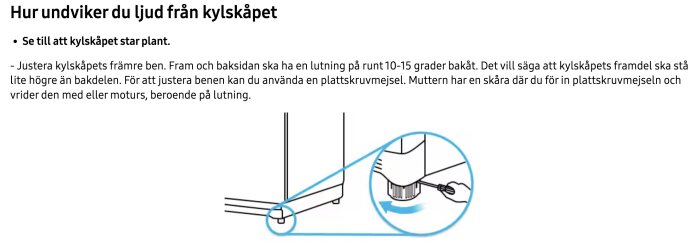 Illustration av hur man justerar kylskåpets ben genom att använda en skruvmejsel för att luta kylen bakåt 10-15 grader.