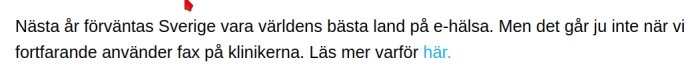 Bild av text från Läkarförbundets nyhetsbrev om Sveriges mål inom e-hälsa och användning av fax på kliniker.