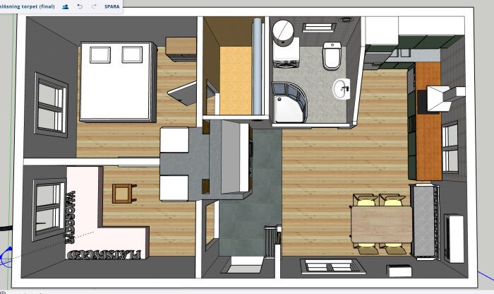 Planritning av ett 50 kvm fritidshus, visar layout med sovrum, kök, badrum, och matplats, skapad med Sketchup för feedback på renoveringsplaner.