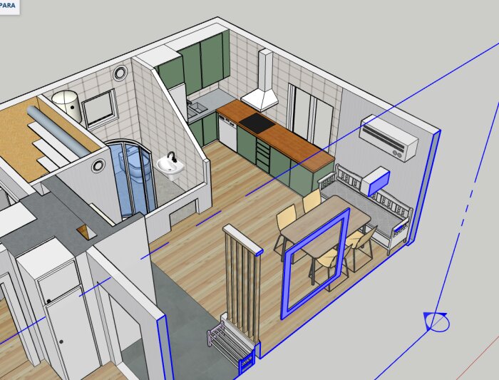 3D-rendering av planritning för renovering av gammalt timmerhus, visar kök, badrum och matplats i minimalistisk design, skapad i Sketchup.