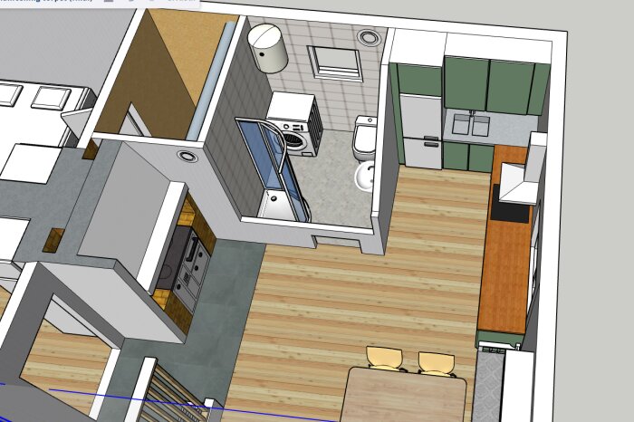 3D-modell av fritidshus med kök, badrum och sittplats. Visar planlösning med gröna köksskåp, dusch, tvättmaskin och eldstad.