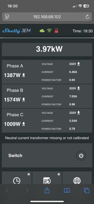 Energiförbrukningsdata från Shelly EM3, visar totalt 3.97 kW och detaljer för Phase A, B, C med spänning och strömstyrka.