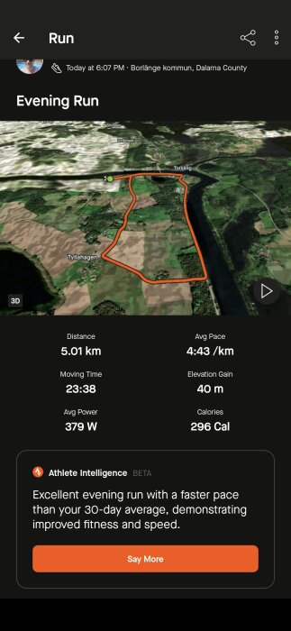 Kartbild av en 5,01 km kvällsrunda i Borlänge med detaljer om distans, tid, höjd, snittfart och kaloriförbränning.