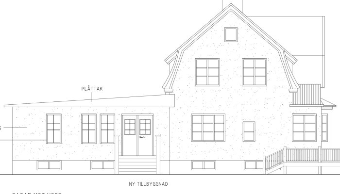 Ritning av 30-tals hus med modern tillbyggnad, plåttak och olika fönstertyper, inklusive fler spröjs, markerat.